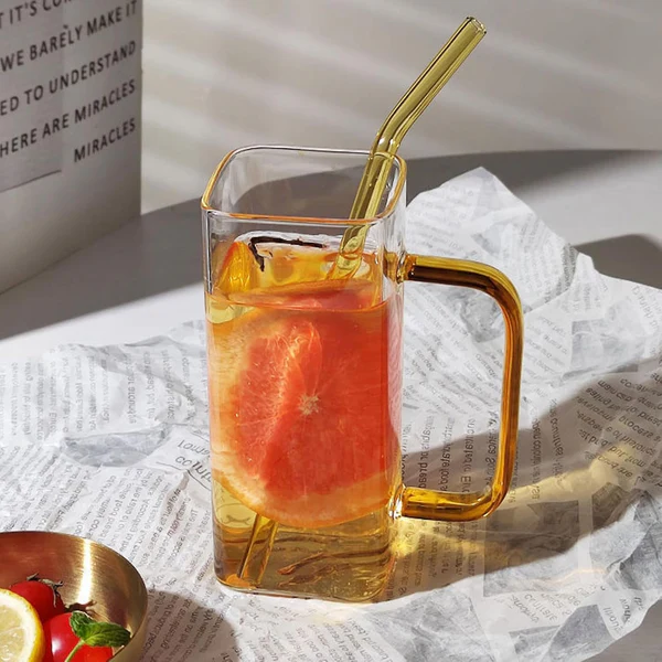 Square Glass Cup / Sipper with Lid and Glass Straw