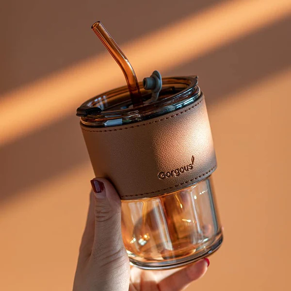 Travel Glass Coffee Mug With Lid And Straw